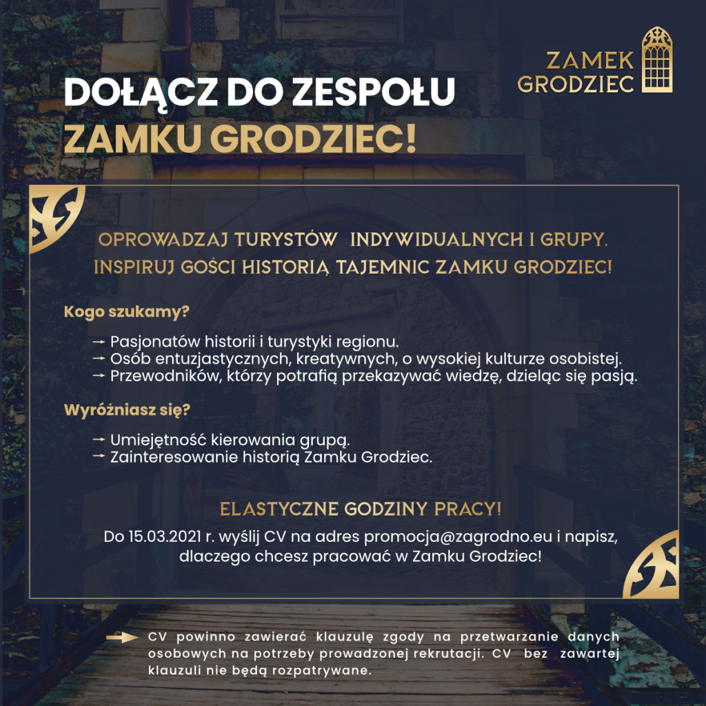Dołącz do zespołu Zamku Grodziec i inspiruj gości historią tajemnic! Poszukujemy prawdziwych pasjonatów! Napisz, dlaczego chcesz do nas dołączyć.  promocja@zagrodno.eu.