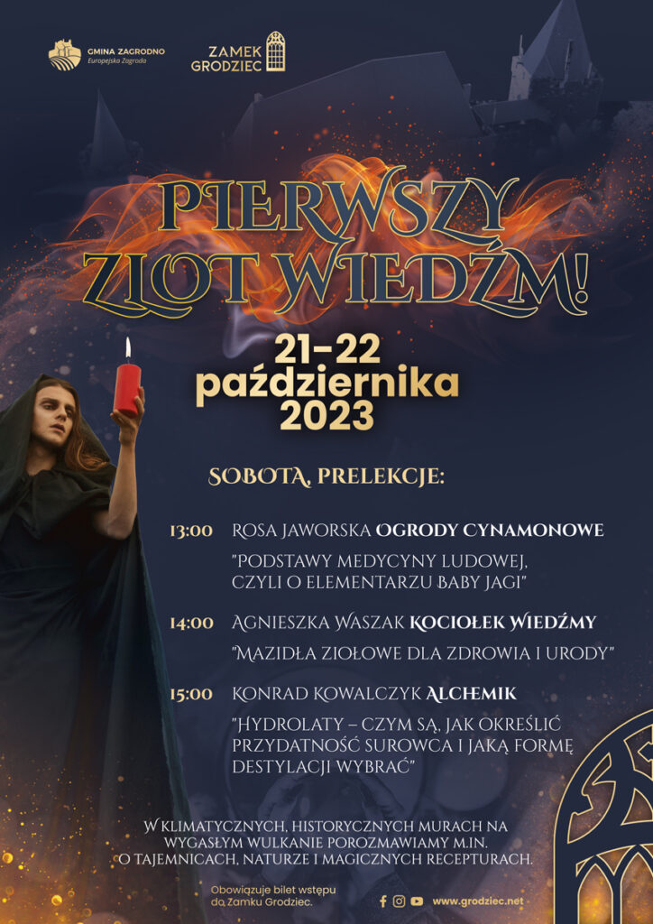 13:00 Ogrody Cynamonowe 14:00 Agnieszka Waszak Kociołek Wiedźmy "Mazidła ziołowe dla zdrowia i urody" 15:00 Konrad Kowalczyk Alchemik "Hydrolaty – czym są, jak określić przydatność surowca i jaką formę destylacji wybrać"